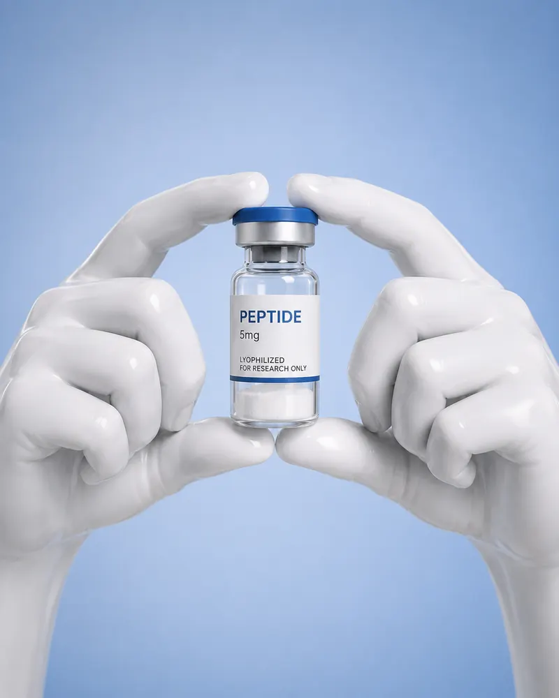 Manos con guantes sosteniendo un vial de péptido liofilizado de 5 mg