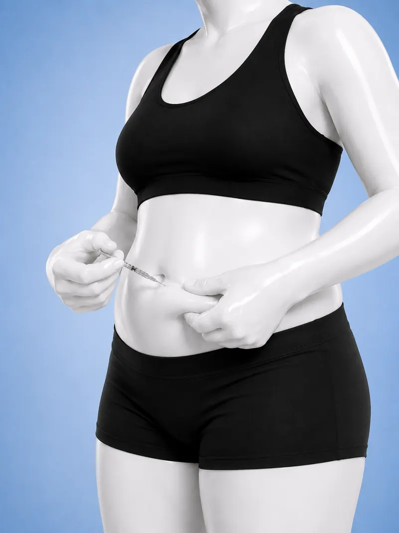 Modelo pellizcando pliegue de piel en abdomen e insertando jeringa en ángulo