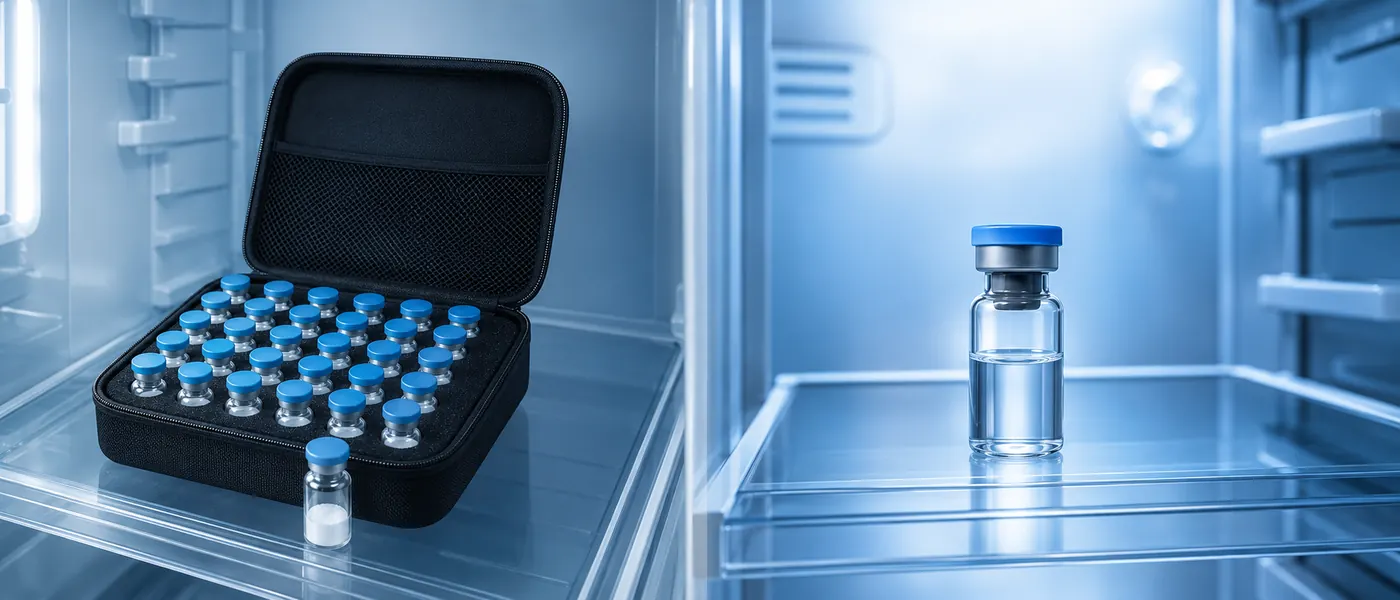 Vial de péptido reconstituido y estuche con viales en el interior de un refrigerador