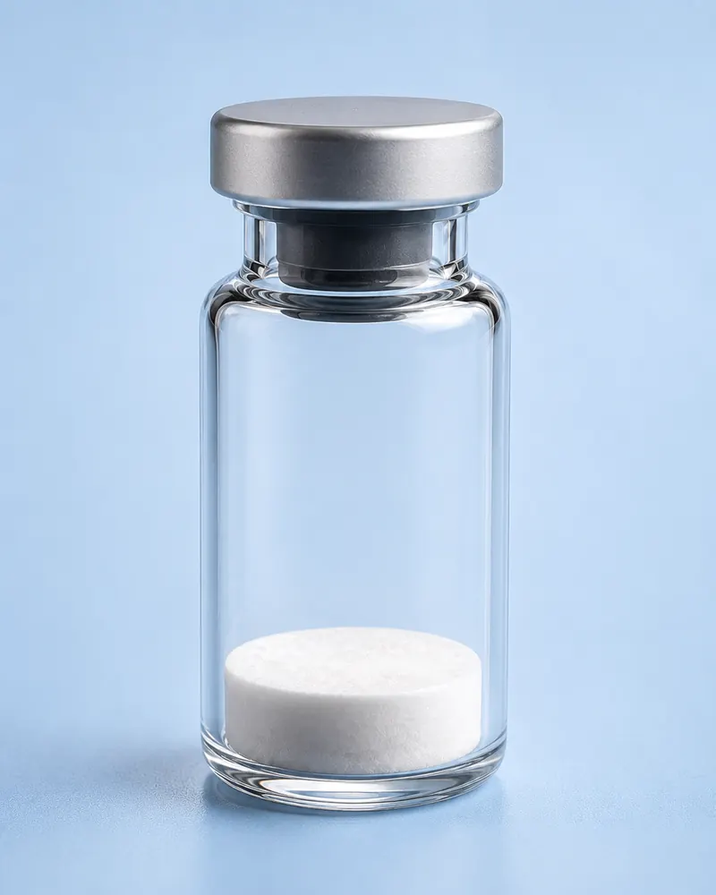 Close-up de un vial de vidrio con polvo liofilizado en el fondo