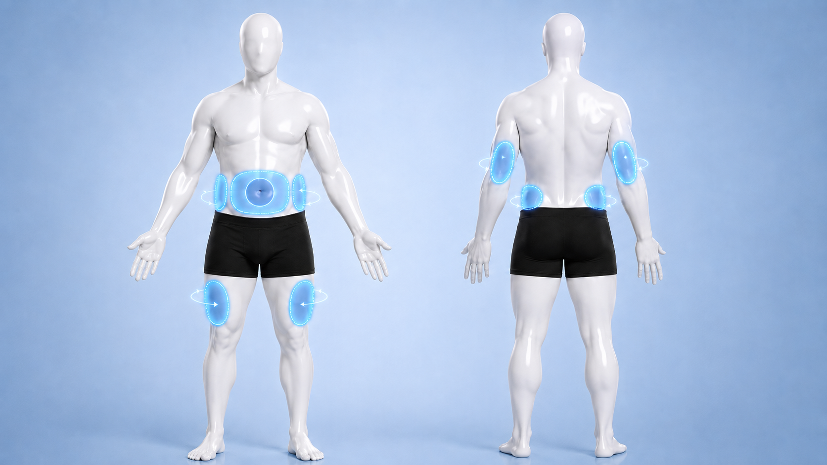 Modelo de cuerpo completo (frente y espalda) con las 4 zonas subcutáneas marcadas