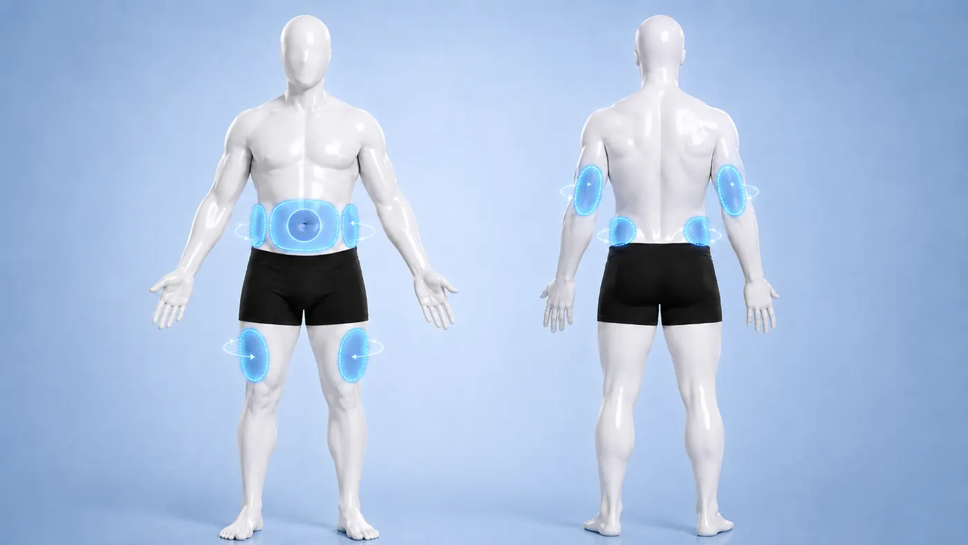 Modelo de cuerpo completo (frente y espalda) con las 4 zonas subcutáneas marcadas