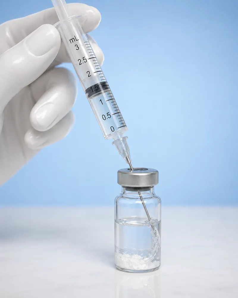 Inyectando agua bacteriostática por la pared interna del vial de péptido