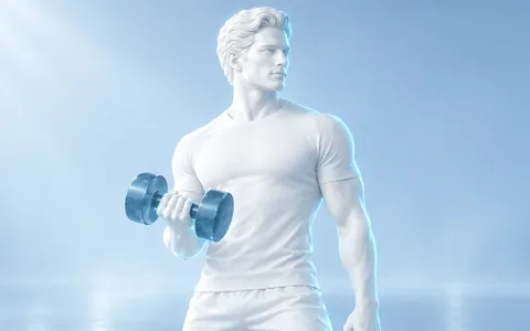 Pearl-white man training with a blue dumbbell