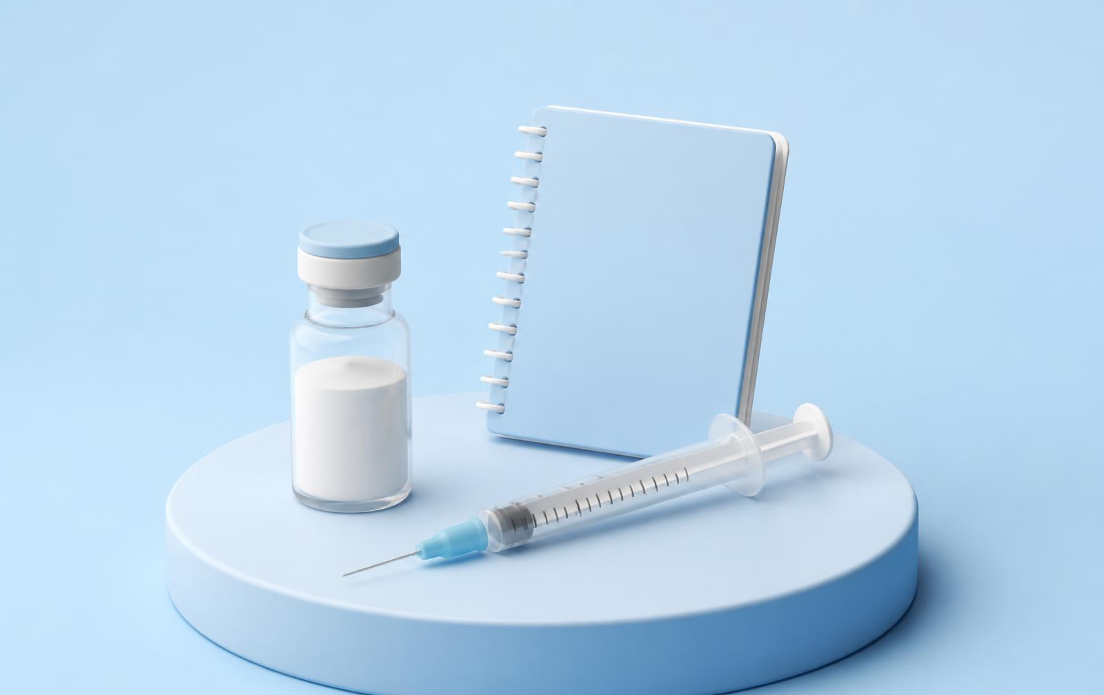 Peptide vial, insulin syringe and notebook on a light blue background