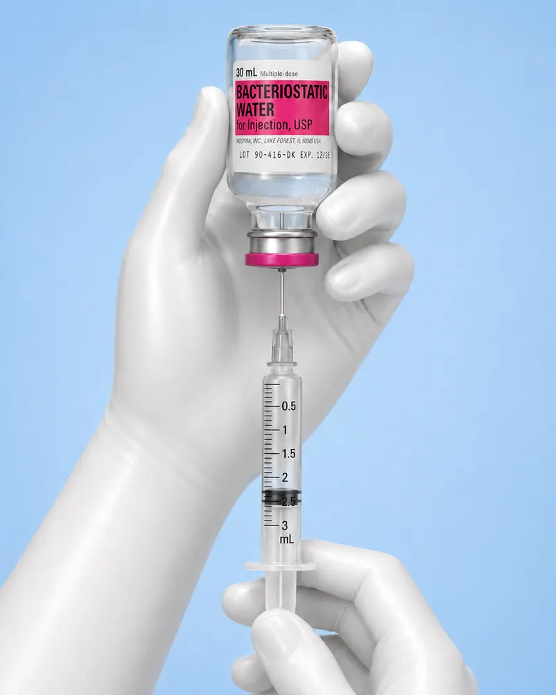 Extrayendo agua bacteriostática de un vial con jeringa