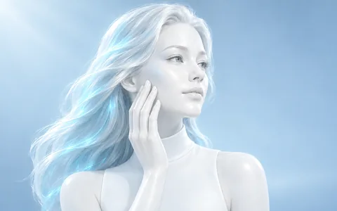 Pearl-white woman gently touching her cheek