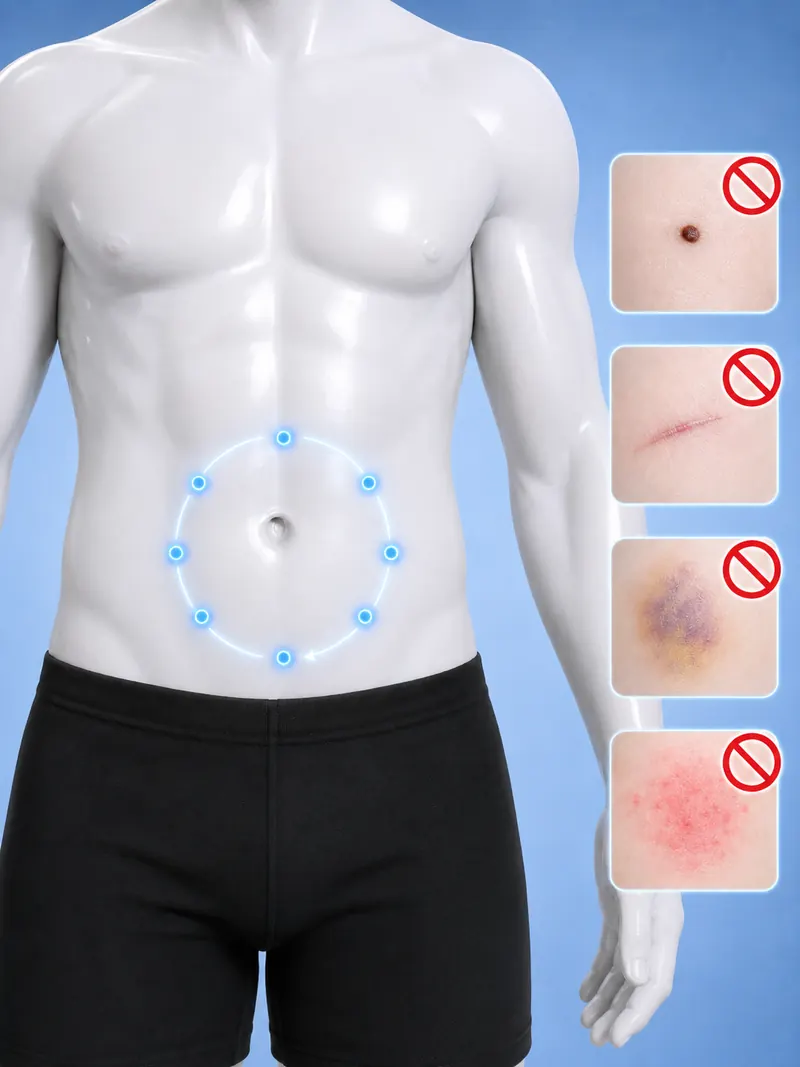 Abdomen con puntos alrededor del ombligo formando un reloj y ejemplos de zonas a evitar