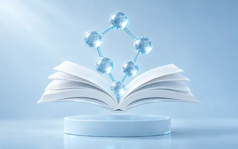 Open pearl-white book with a glass molecular model