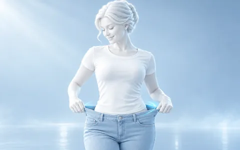 Pearl-white woman holding oversized loose jeans