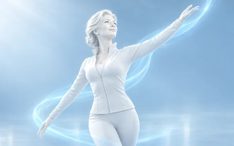 Mature pearl-white woman stretching through a flowing cyan light ribbon