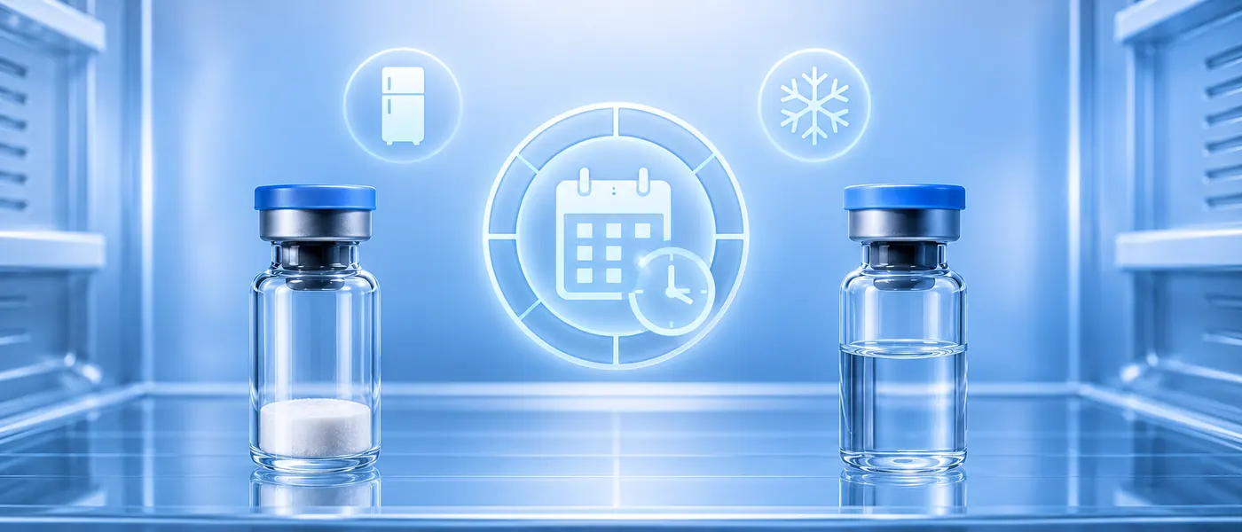 Vial con polvo liofilizado junto a vial ya reconstituido, refrigerados